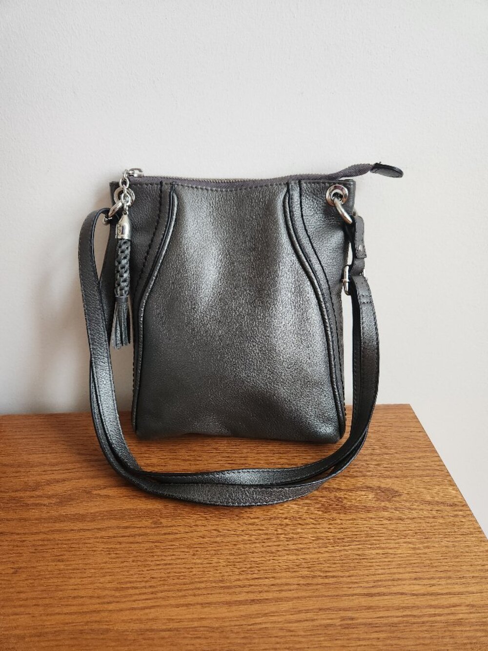 DANIER METALLIC DARK GREY GENUINE LEATHER   CROSSBODY SHOULDER BAG
